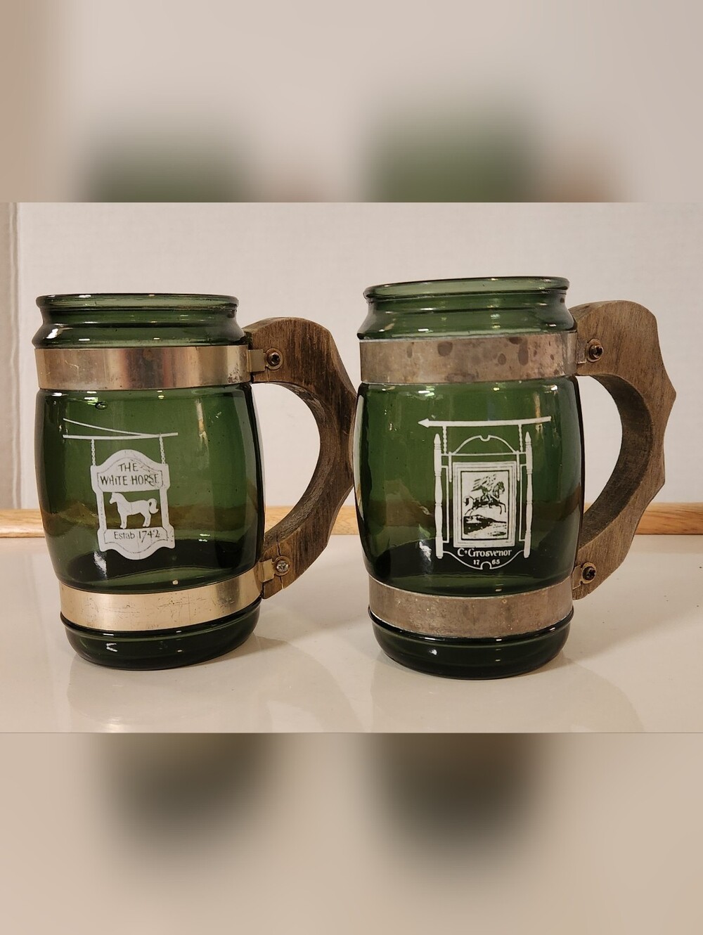 Vintage 1965 Siesta Ware Green Glass Mugs Wood Handle Colonial Tavern Set of 2